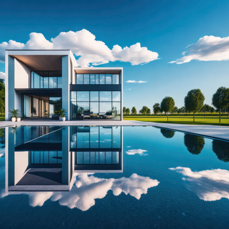 Ultra wide angle view of a modern villa and a luxurious infinity pool with a reflection of a blue sky, residential architecture, generative AI illustrationの素材