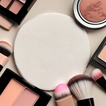 Colorful powdered makeup products: blush, powder and eyeshadow in vibrant colors on a bright background, generative aiの素材