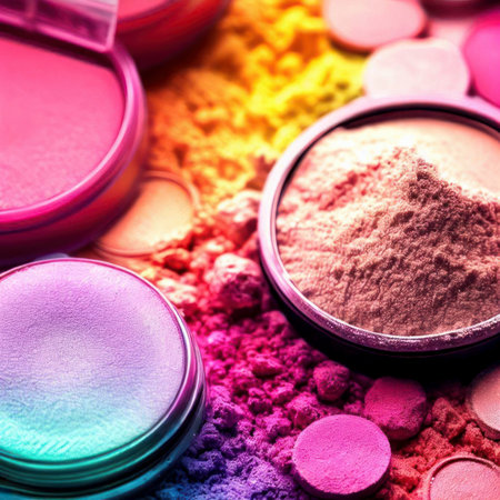 Colorful powdered makeup products: blush, powder and eyeshadow in vibrant colors on a bright background, generative aiの素材