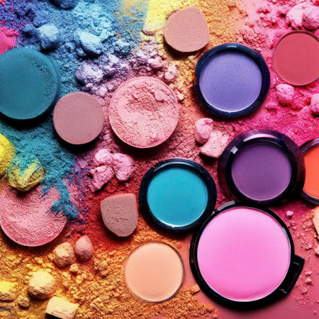 Colorful powdered makeup products: blush, powder and eyeshadow in vibrant colors on a bright background, generative aiの素材
