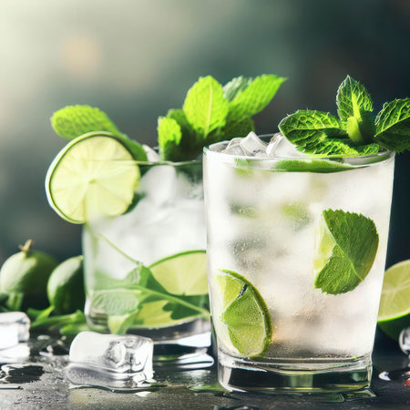 refreshing cold gin and tonic cocktails with mint and lime, generative AIの素材
