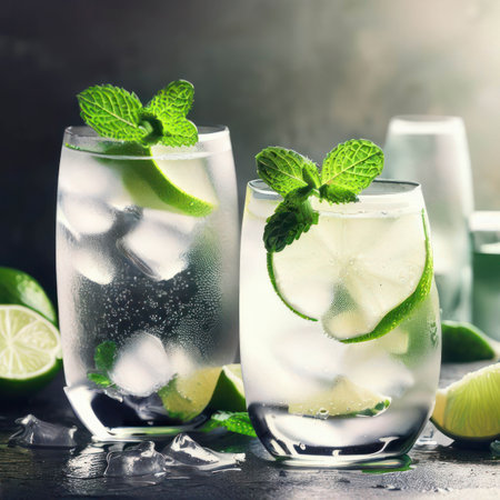 refreshing cold gin and tonic cocktails with mint and lime, generative AIの素材
