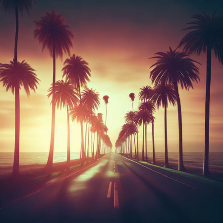 Beautiful palm trees along an empty road leading towards the ocean at sunset, generative AIの素材