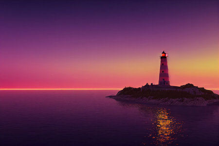 A lighthouse perched on a hill overlooking the beach at colorful sunset, long exposure smooth water, generative AIの素材