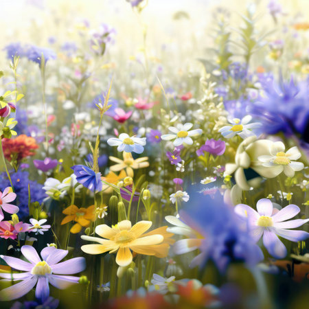 A beautiful blossoming flower meadow in spring, superbloom, generative AIの素材