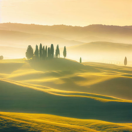 Tuscan rolling hills with cypresses and oak trees along a windy road at sunset, during a hazy golden hour, photorealistic illustrationの素材