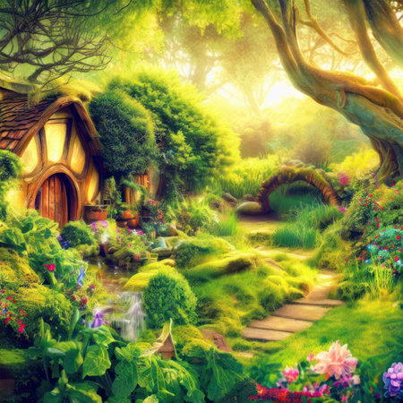 Magic fairytale garden in hobbit forest land, tree house, sunshine coming through the trees generative AIの素材