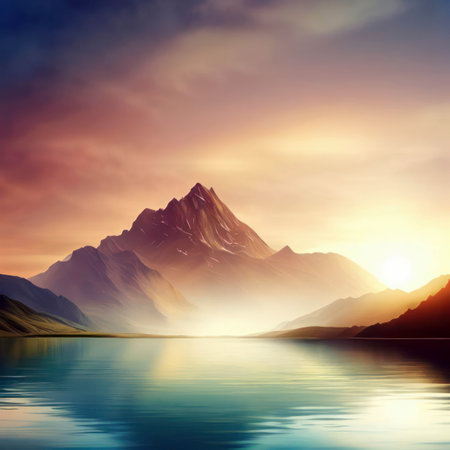 Beautiful mountain and lake at colorful sunset, fiery skies, generative aiの素材