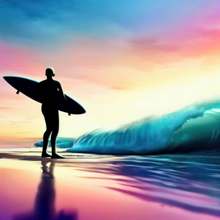 Surfer silhouette on the beach at sunset, soft waves rolling in, generative AIの素材