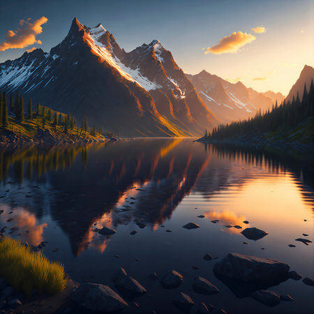 Beautiful mountain and lake at colorful sunset, fiery skies, generative aiの素材