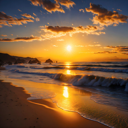 Incredible colors of golden hour sunset at a California beach, soft waves, crepuscular rays shining through the clouds, generative AIの素材
