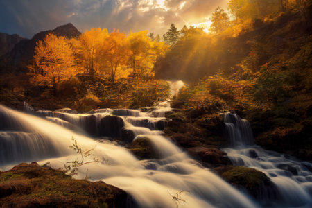 Waterfall in the mountains with colorful autumn foliage, wide angle perspective, generative AIの素材