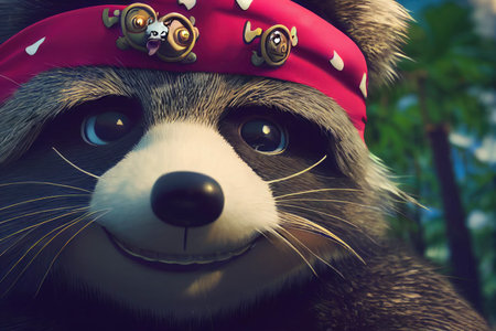 Cartoon smiling fluffy racoon in a bandit or pirate style, generative AIの素材