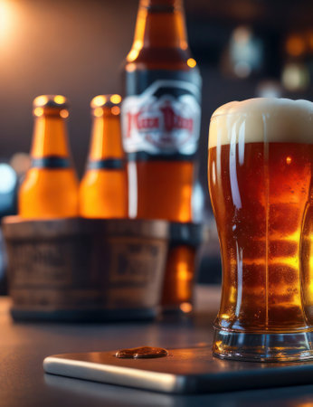 Close up view of beer in glass mugs on a counter at a bar, food photography, dramatic lighting, generative AI illustrationの素材