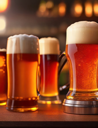 Close up view of beer in glass mugs on a counter at a bar, food photography, dramatic lighting, generative AI illustrationの素材