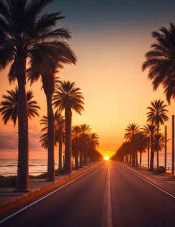 Beautiful palm trees along an empty road leading towards the ocean at sunset, generative AIの素材