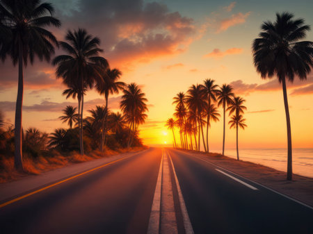 Beautiful palm trees along an empty road leading towards the ocean at sunset, generative AIの素材