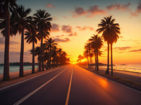 Beautiful palm trees along an empty road leading towards the ocean at sunset, generative AIの素材