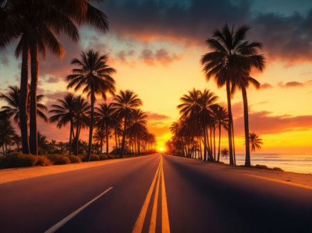 Beautiful palm trees along an empty road leading towards the ocean at sunset, generative AIの素材