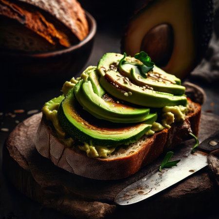 Avocado sandwich toast with rustic sourdough bread, food photography, photorealistic illustrationの素材