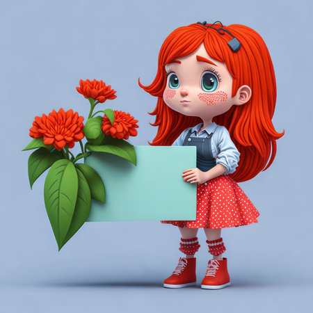 Cute cartoon red haired little girl with flowers, holding a blank greeting card, generative AIの素材