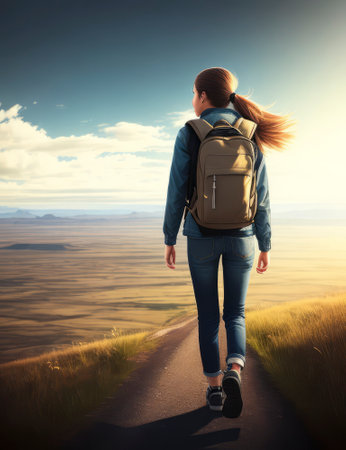 Single female hiker with a backpack standing on a road leading into a vast landscape, view from the back, generative aiの素材