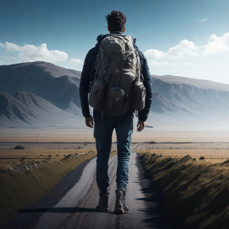 Single male hiker with a backpack standing on a road leading into a vast landscape, view from the back, generative aiの素材