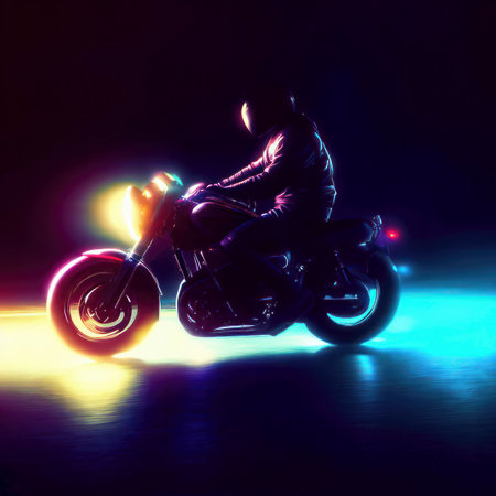 Person riding motorcycle in full leathers and shiny helmet in a dark city with neon lights, generative AIの素材