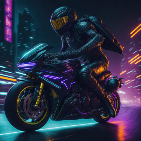 Person riding motorcycle in full leathers and shiny helmet in a dark city with neon lights, leaning forward with the speed, generative AIの素材