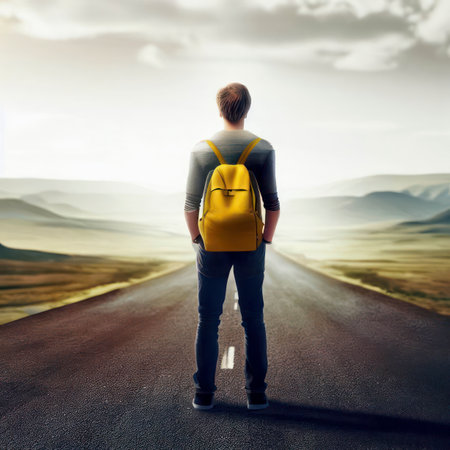 Single male hiker with a yellow backpack standing on a road leading into a vast landscape, view from the back, generative aiの素材