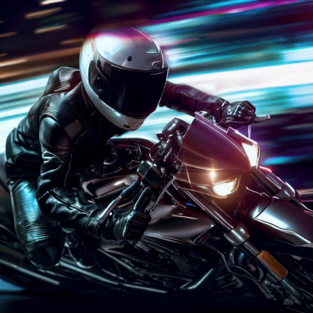 Person riding motorcycle in full leathers and shiny helmet in a dark city with neon lights, leaning forward with the speed, generative AIの素材