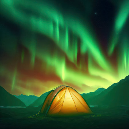 Glowing camping tent under a beautiful sprawling green northern lights aurora, travel adventure landscape, generative ai illustrationの素材