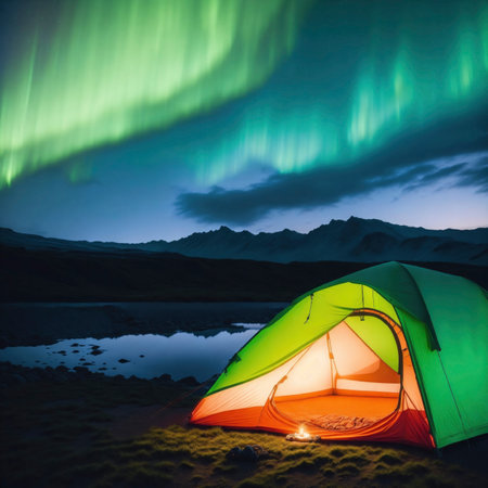 Glowing camping tent under a beautiful sprawling green northern lights aurora, travel adventure landscape, generative ai illustrationの素材