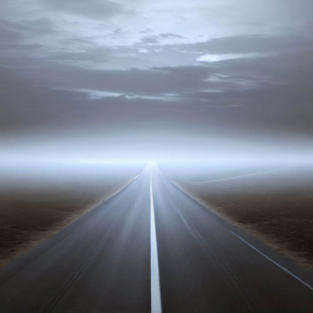 Wide road leading into a gray fog in a vast landscape, generative aiの素材