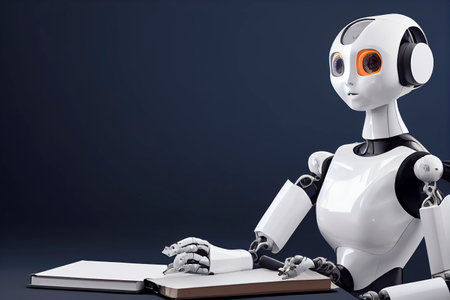 Humanoid robot working with a headset and a laptop, generative AI illustrationの素材