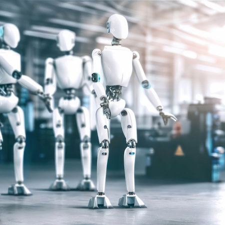 Three humanoid robots working in a warehouse, photorealistic generative AI illustrationの素材