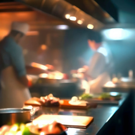 Professional kitchen with chefs cooking delicious food in a restaurant kitchen with beautiful lights, generative aiの素材