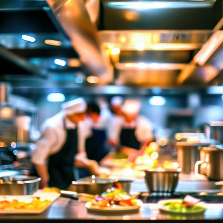 Professional kitchen with chefs cooking delicious food in a restaurant kitchen with beautiful lights, generative aiの素材