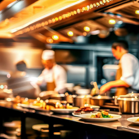 Professional kitchen with chefs cooking delicious food in a restaurant kitchen with beautiful lights, generative aiの素材