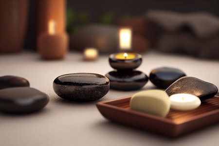 Beauty treatment items for spa procedures on a wooden table. massage stones, essential oils and salt scrub, generative aiの素材