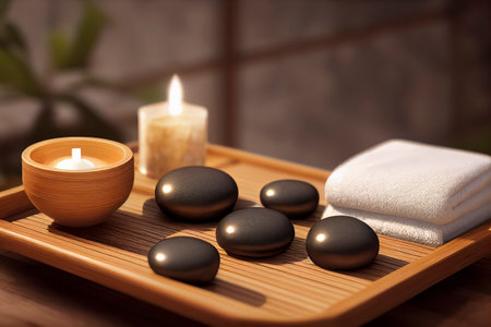 Beauty treatment items for spa procedures on a wooden table. massage stones, essential oils and salt scrub, generative aiの素材