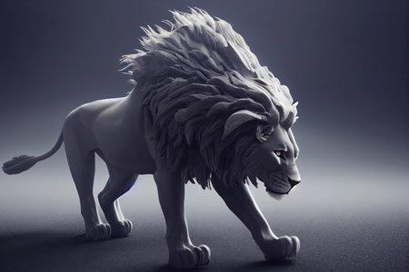Adult male lion with a big mane walking forward on dark background, generative AIの素材