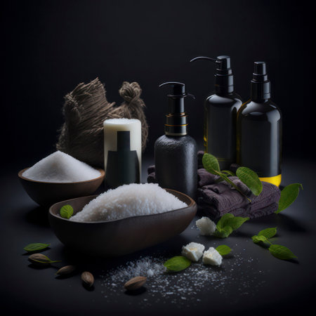 Beauty treatment items for spa procedures on a wooden table. massage stones, essential oils and salt scrub, generative aiの素材