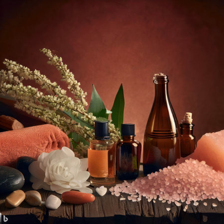 Beauty treatment items for spa procedures on a wooden table. massage stones, essential oils and salt scrub, generative aiの素材