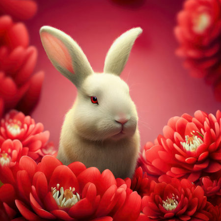 Rabbit surrounded by red flowers symbolizing Chinese lunar New Year, the year of the rabbit, generative AIの素材