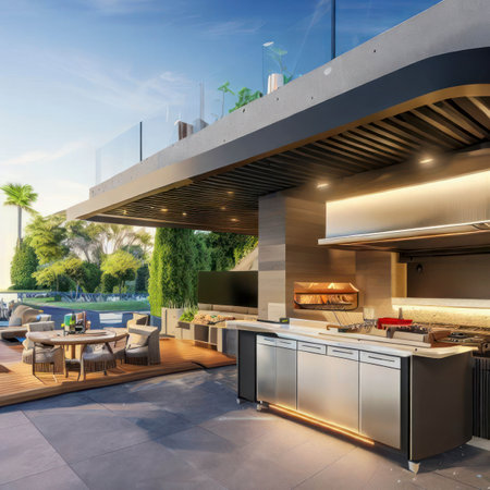 An outdoor entertainment area with a built-in barbecue and a bar at a modern villa, generative aiの素材