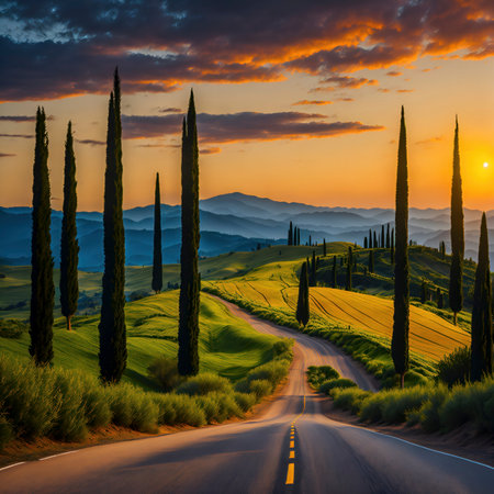 Tuscan rolling hills with cypresses and oak trees along a windy road at sunset, during a hazy golden hour, photorealistic illustrationの素材