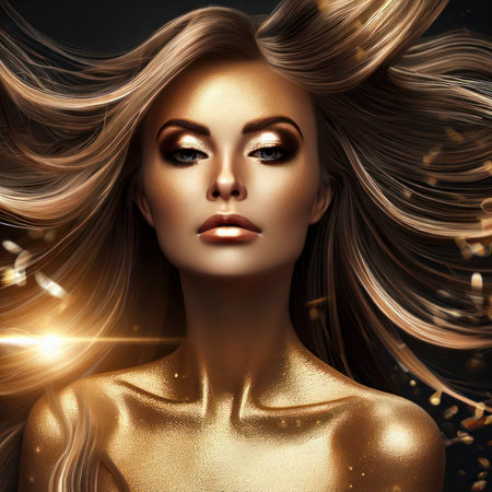 Female model girl with golden makeup on glowing skin and long hair floating around her head, generative AIの素材