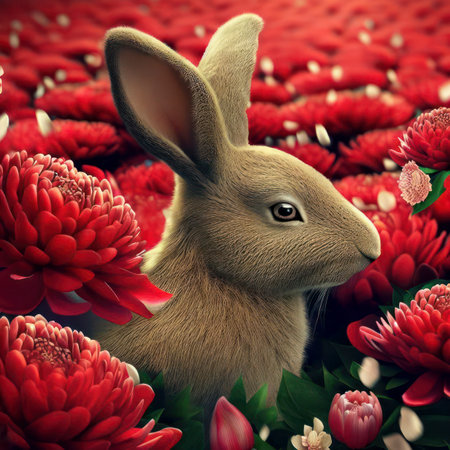 Rabbit surrounded by red flowers symbolizing Chinese lunar New Year, the year of the rabbit, generative AIの素材