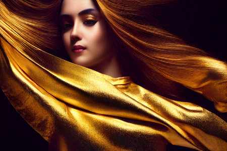 Female model girl with golden makeup on glowing skin and long hair floating around her head, generative AIの素材
